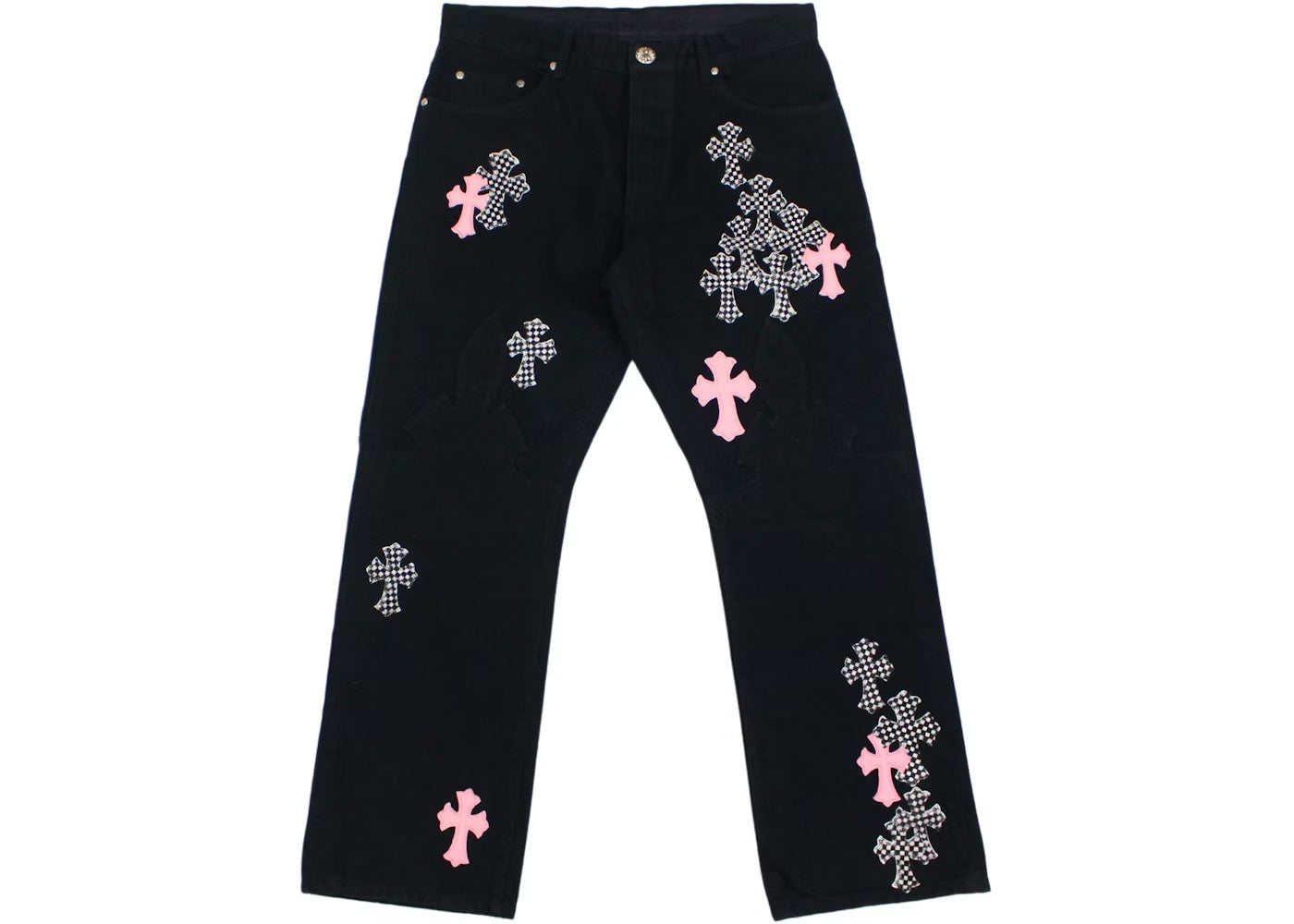 Chrome Hearts Pink & Checkered Cross Patch Fleurknee Jeans